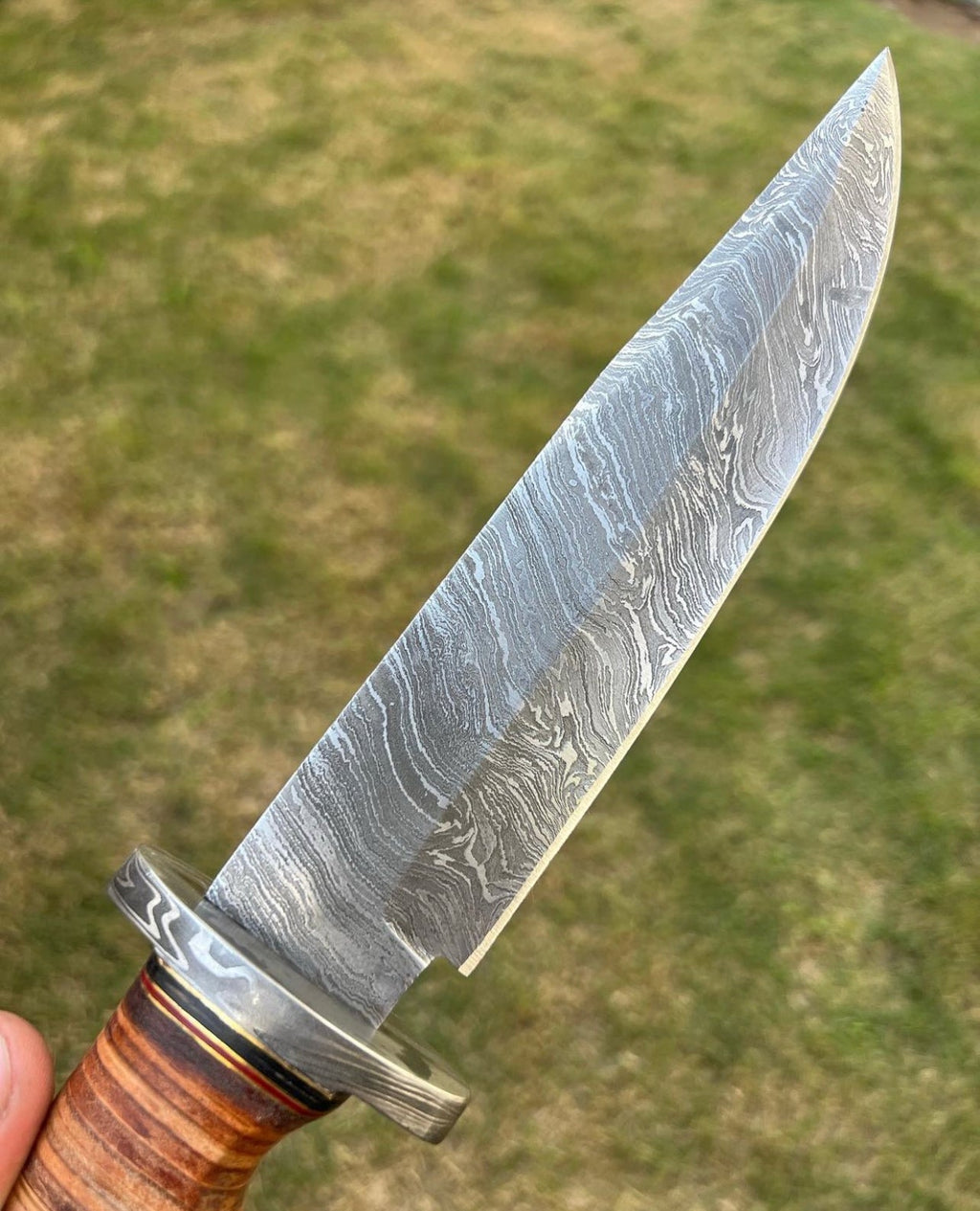 Exquisite Damascus Hunting Knife with Stacked Leather Handle | Limited Edition | cskforged store"