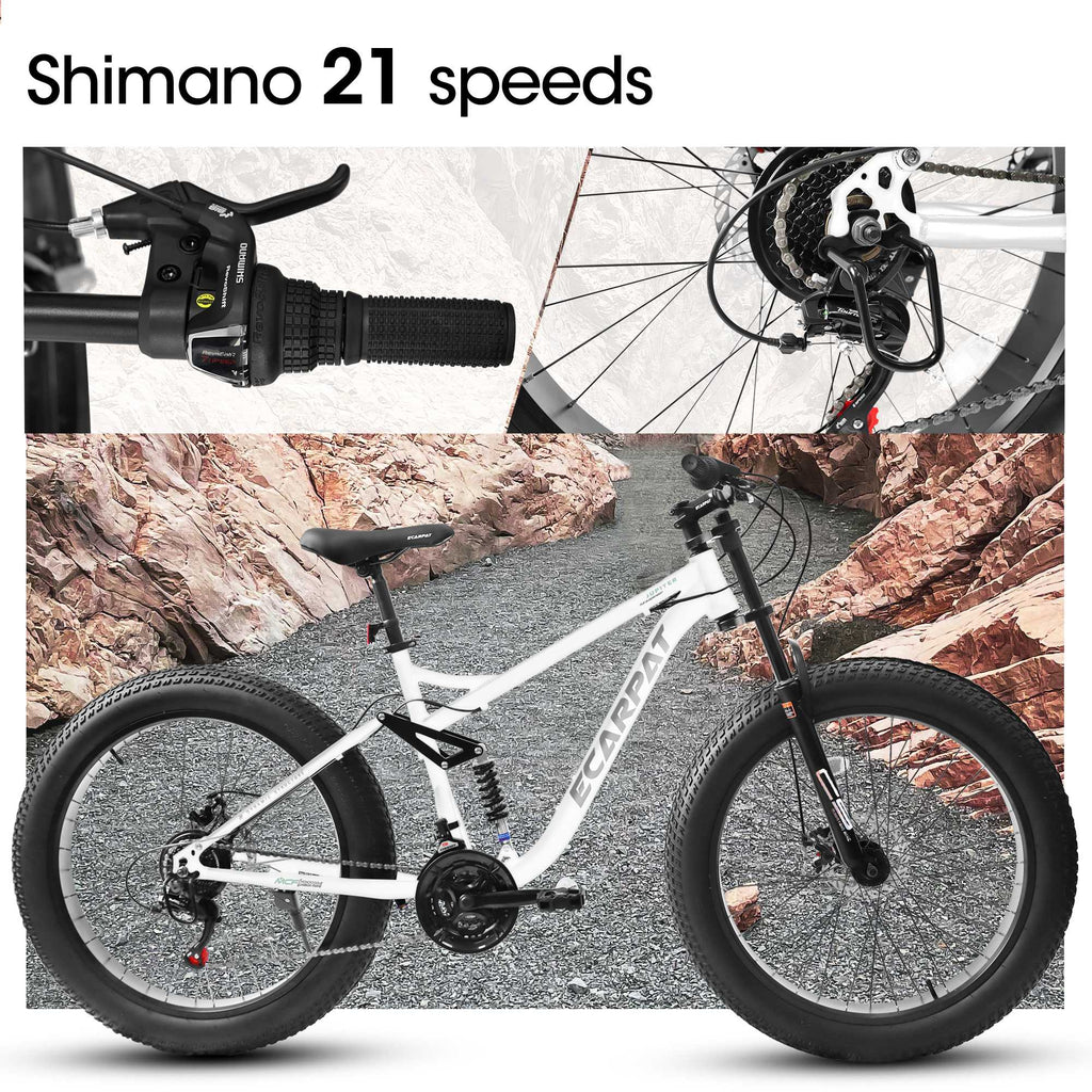 26" Men's Full-Suspension Fat Tire Mountain Bike (Black) - Shimano 21-Speed & Dual Disc Brakes