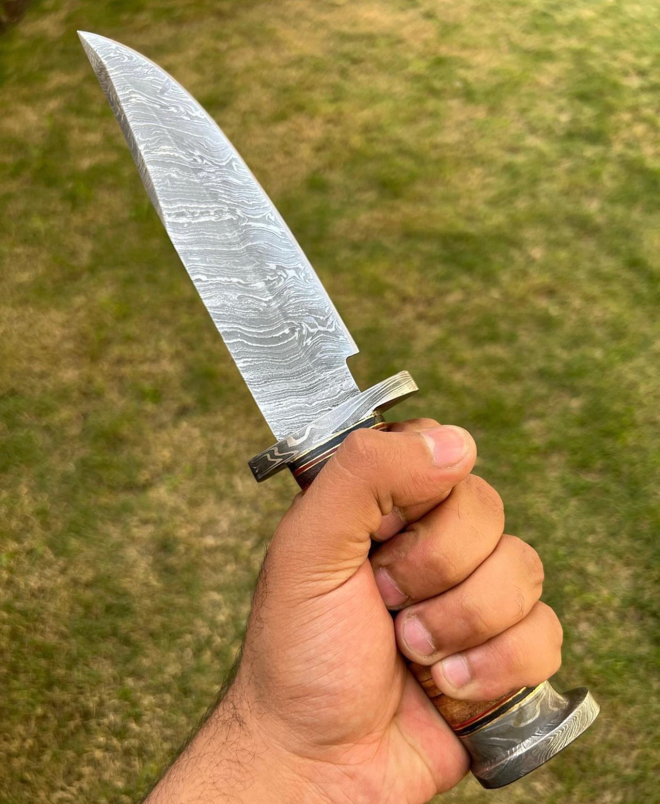 Exquisite Damascus Hunting Knife with Stacked Leather Handle | Limited Edition | cskforged store"