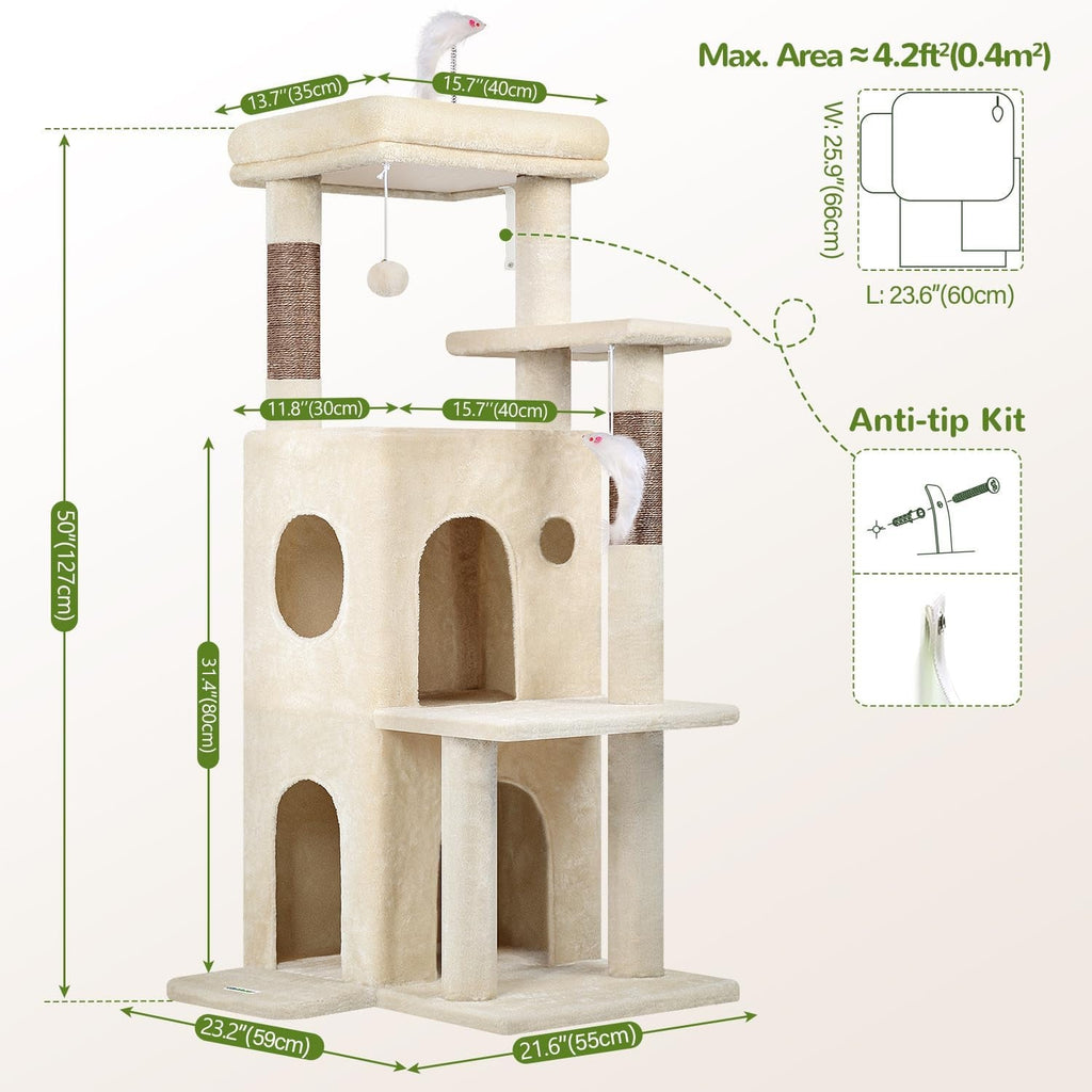 50-Inch Cat Tree Tower for Large Indoor Cats with Scratching Post & Caves