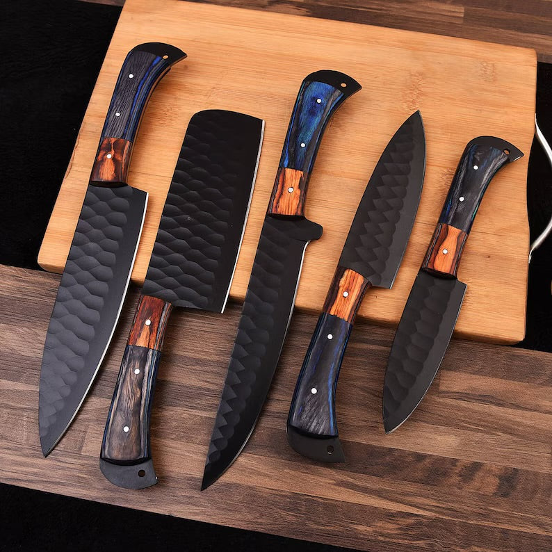 Hand Forged Damascus steel chef set of 5 knives Kitchen knife Gift for her Christmas gift Camping knife Gift for him Groomsmen gift