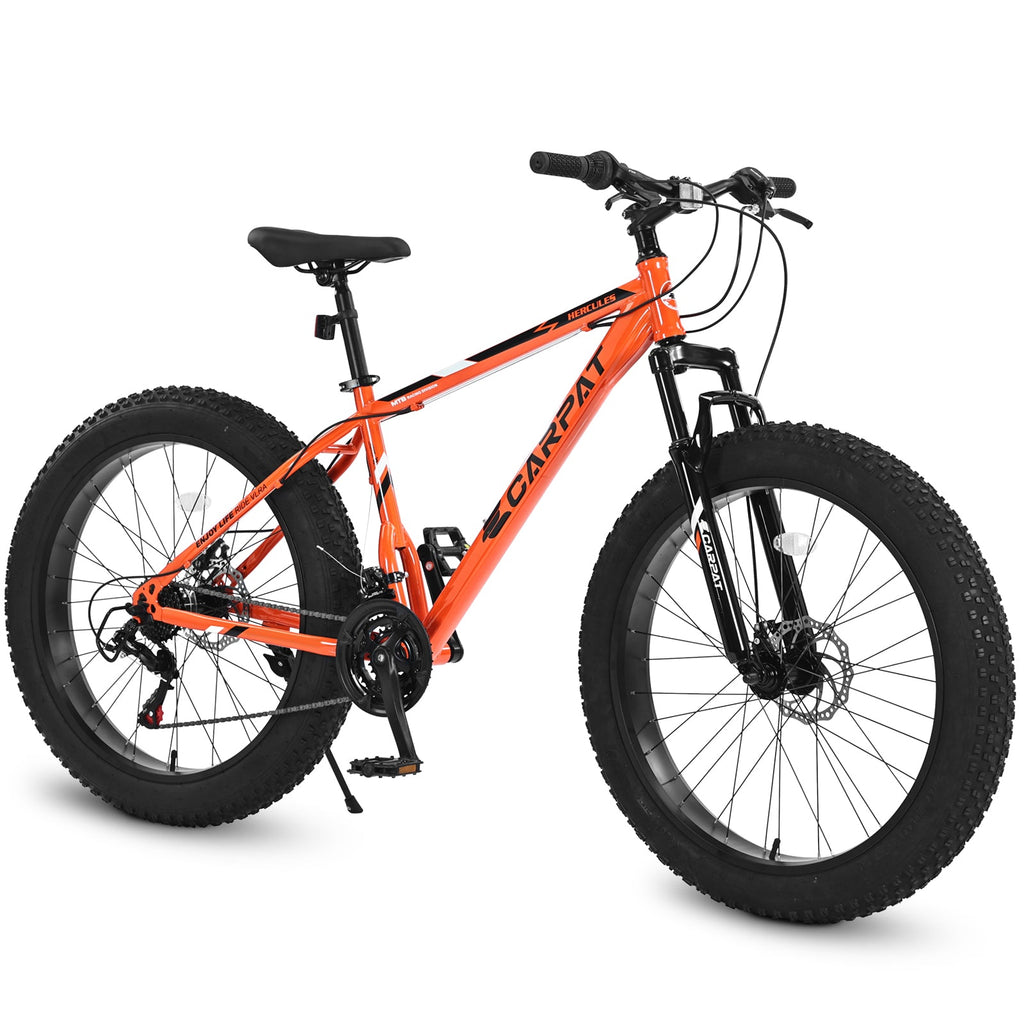 26" Elecony Fat Tire Mountain Bike (Orange) - Shimano 21-Speed, Dual Disc Brakes & Front Suspension