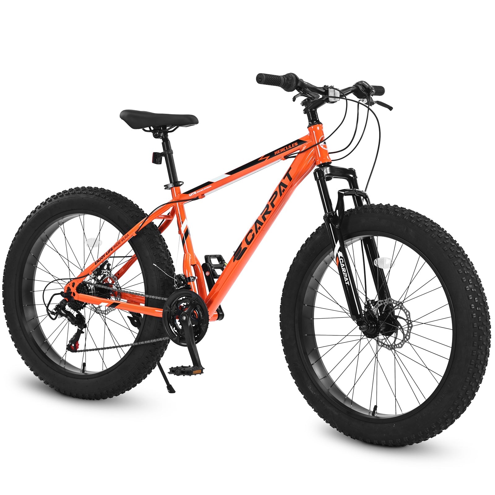 26" Elecony Fat Tire Mountain Bike (Orange) - Shimano 21-Speed, Dual Disc Brakes & Front Suspension