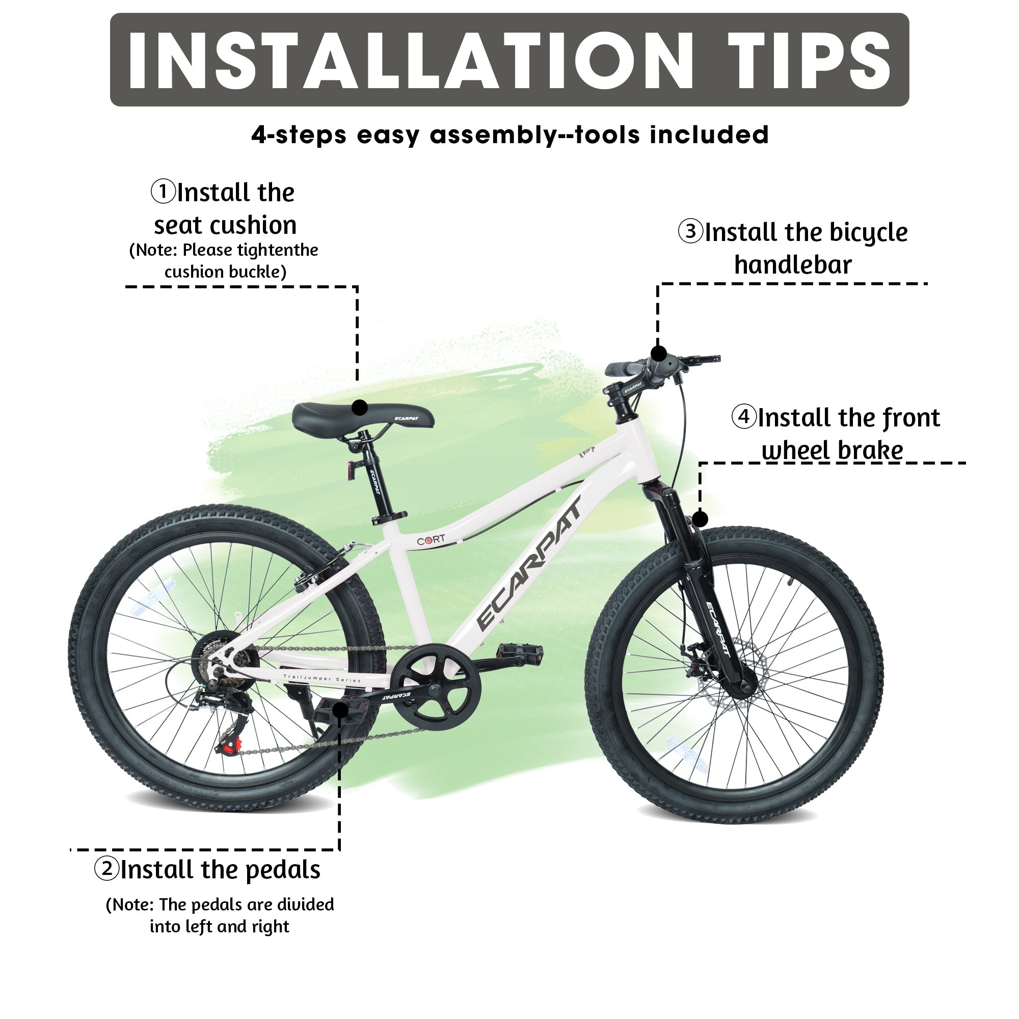 24" Youth Mountain Bike (White) - 7-Speed, Front Suspension & Hybrid Brakes