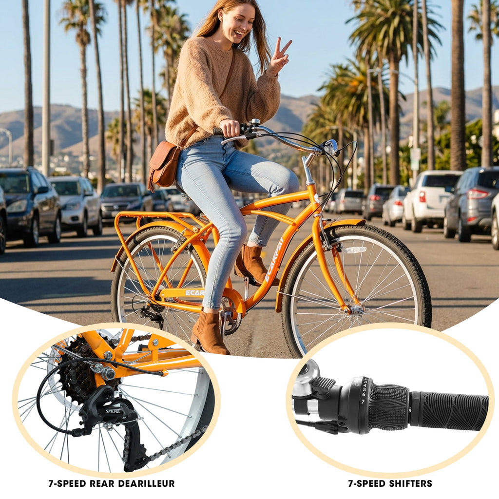26" 7-Speed Beach Cruiser Bike (Gold/White) - Step-Through Frame & Rear Cargo Rack