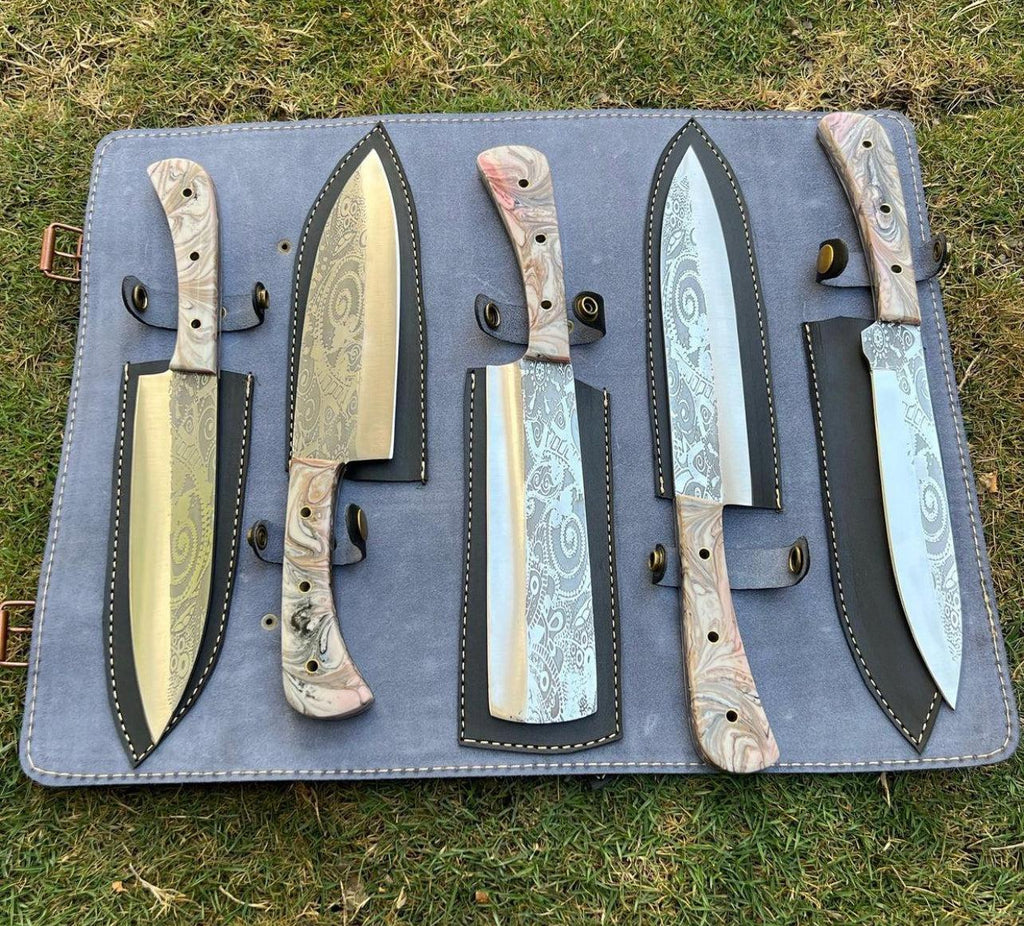 5 pieces Custom made D2 steel laser Etched Blades chef knives set