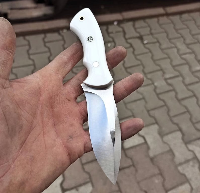 Hunting Knife 1095 Carbon Steel and White Corian Handle -Blacksmith Made Camping Knife - Bushcraft Knife - Survival Knife with Sheath