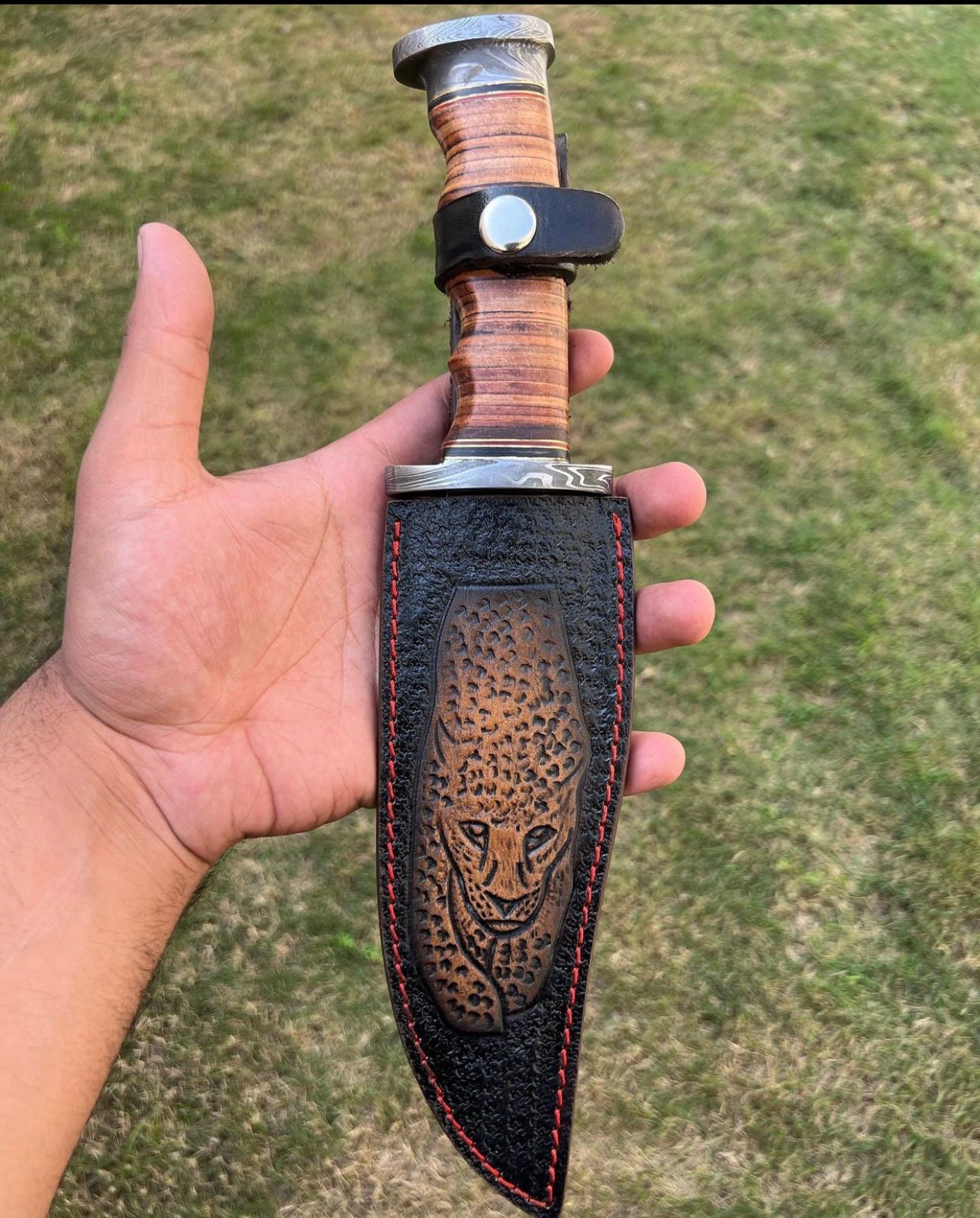 Exquisite Damascus Hunting Knife with Stacked Leather Handle | Limited Edition | cskforged store"