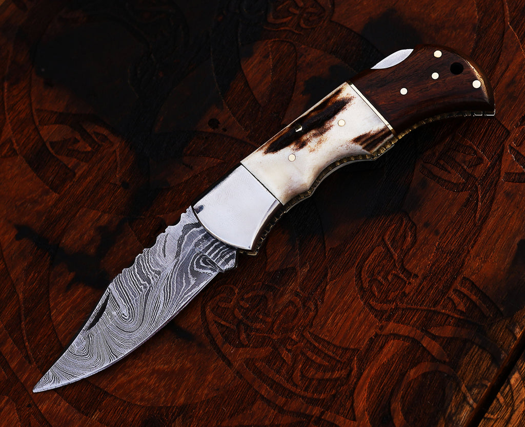 DAMASCUS STEEL POCKET KNIFE STAG AND ROSE WOOD HANDLE KNIFE HANDMADE