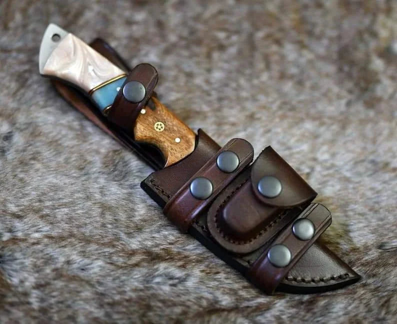 DAMASCUS EVOKE HOOK KNIFE, Rose Wood & TURQUOISE HANDLE Overall 6.25”