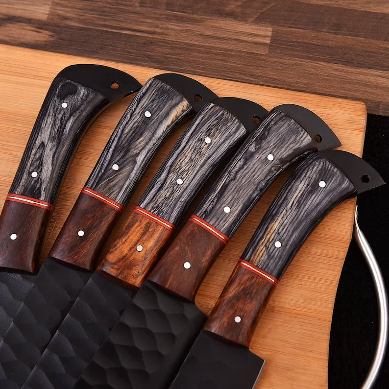 Hand Forged Damascus steel chef set of 5 knives Kitchen knife Gift for her Christmas gift Camping knife Gift for him Groomsmen gift