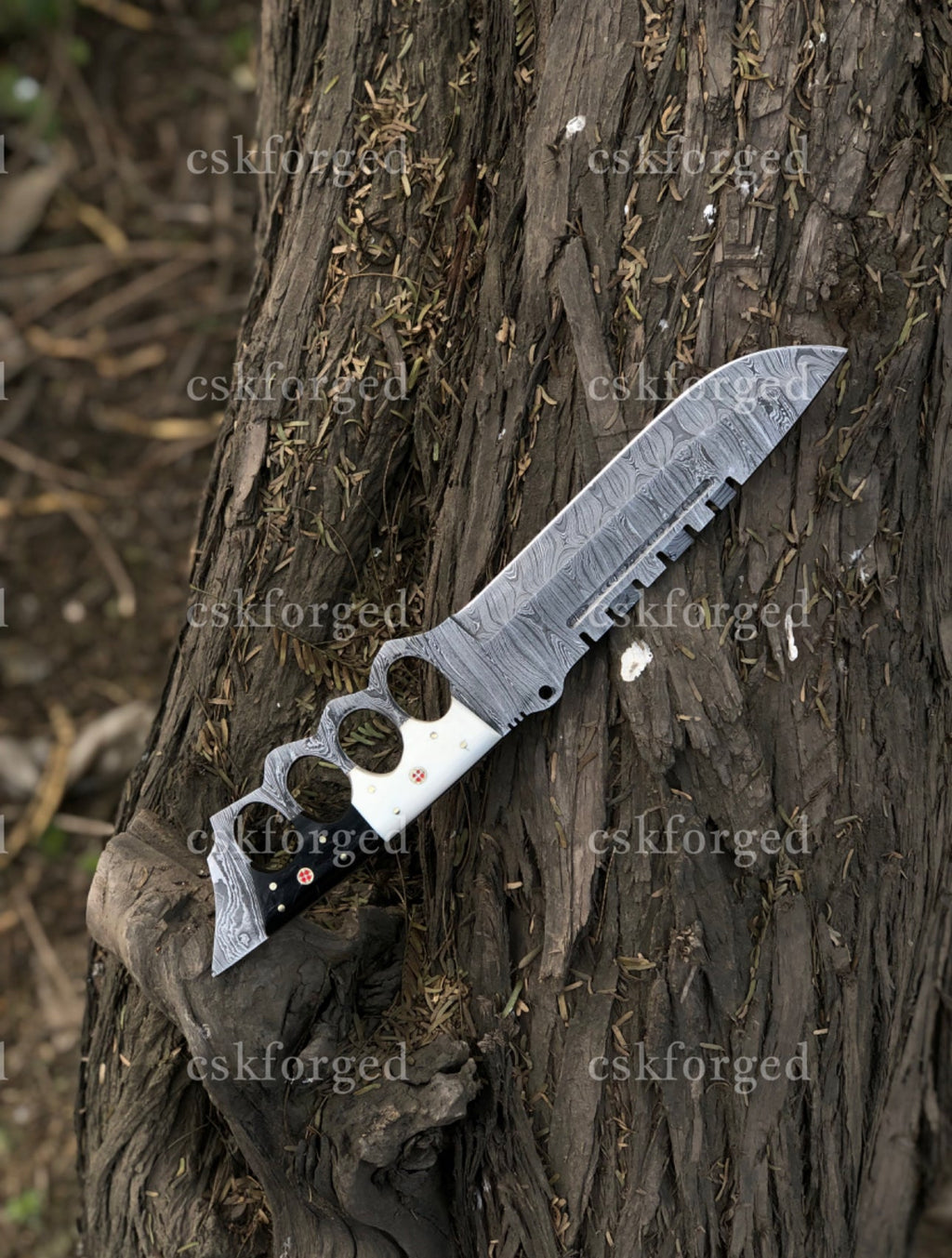 Black & White Edition Damascus Tactical Knuckle Camping Knife with Full Tang handle