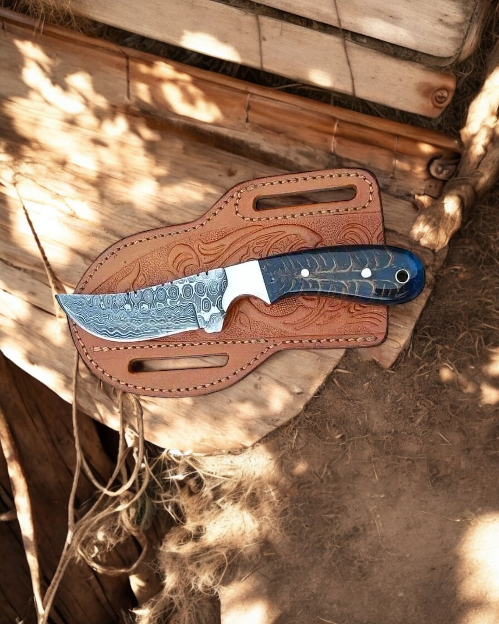 Ranch Cowboy Knives and Belt Sheath – 7.5” Damascus Steel