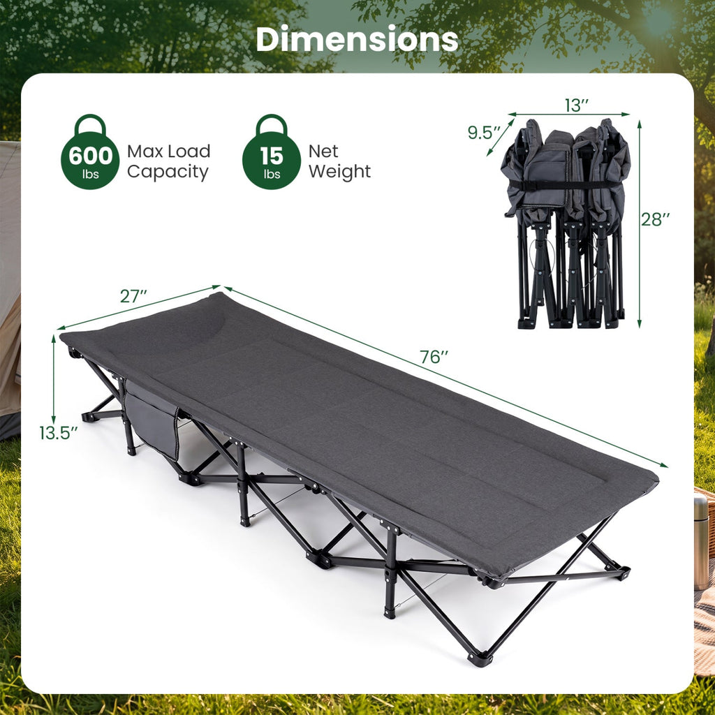Camping Cot with Padded Pillow and Storage Pouch - Gray