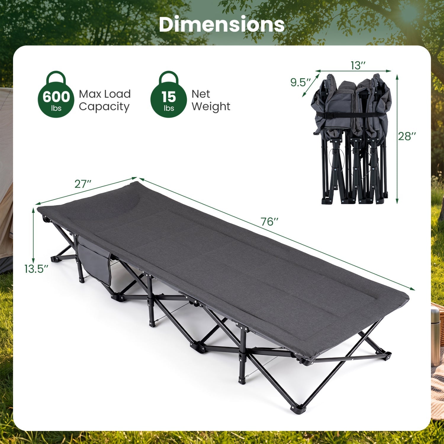 Camping Cot with Padded Pillow and Storage Pouch - Gray