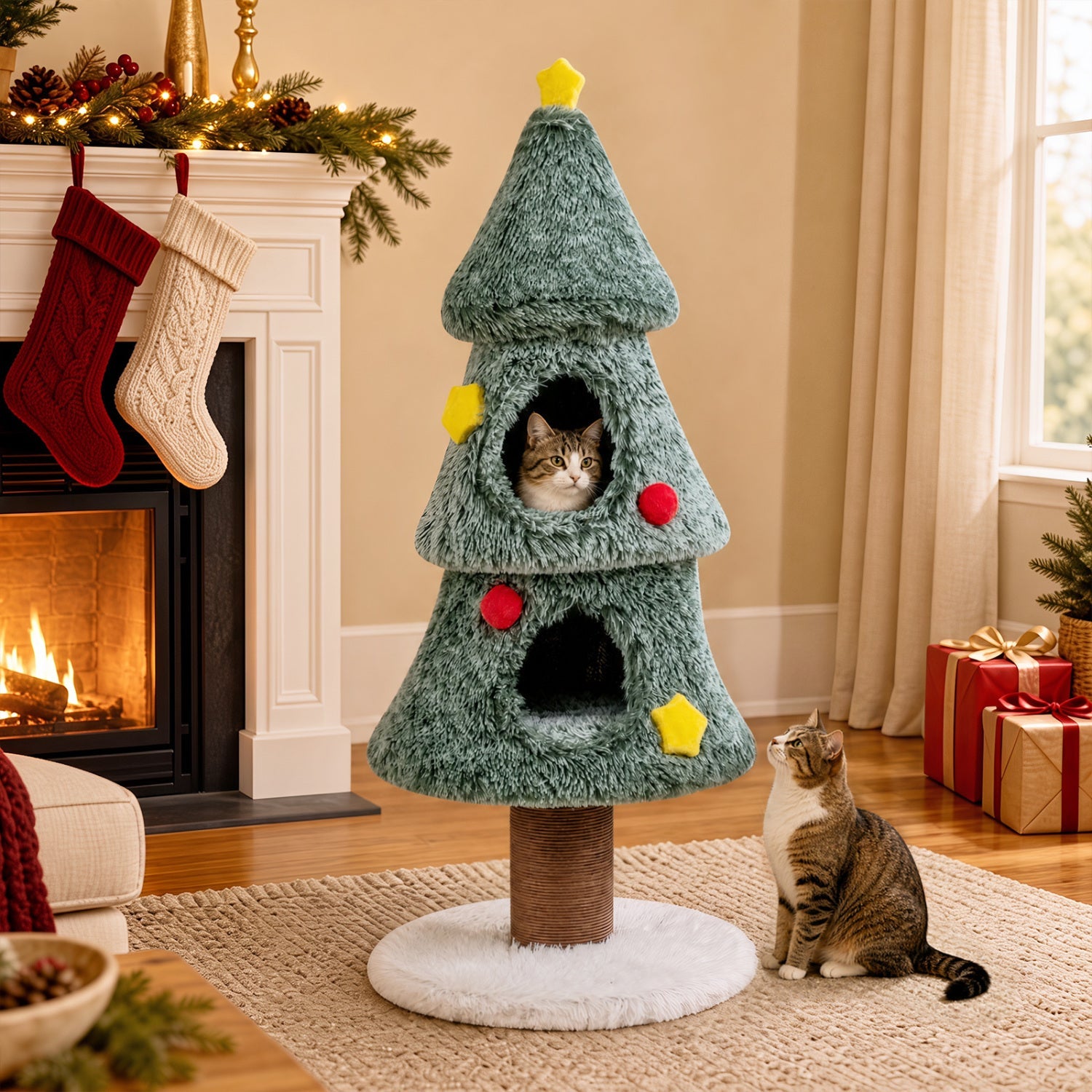 Christmas Cat Tree with 2 Condos & Scratching Post