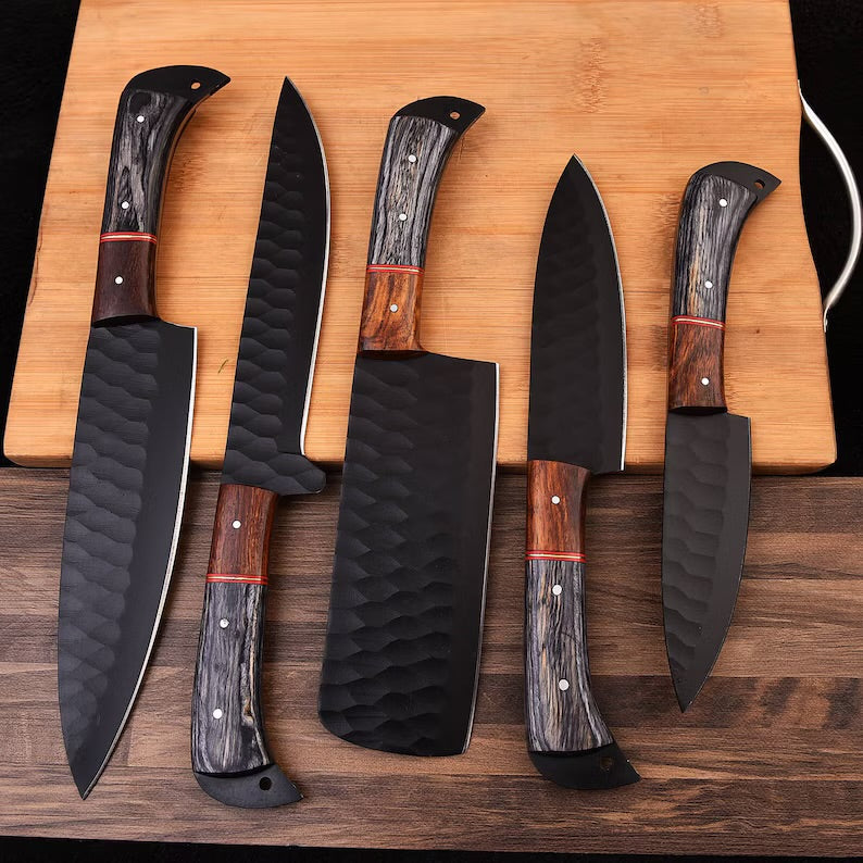 Hand Forged Damascus steel chef set of 5 knives Kitchen knife Gift for her Christmas gift Camping knife Gift for him Groomsmen gift