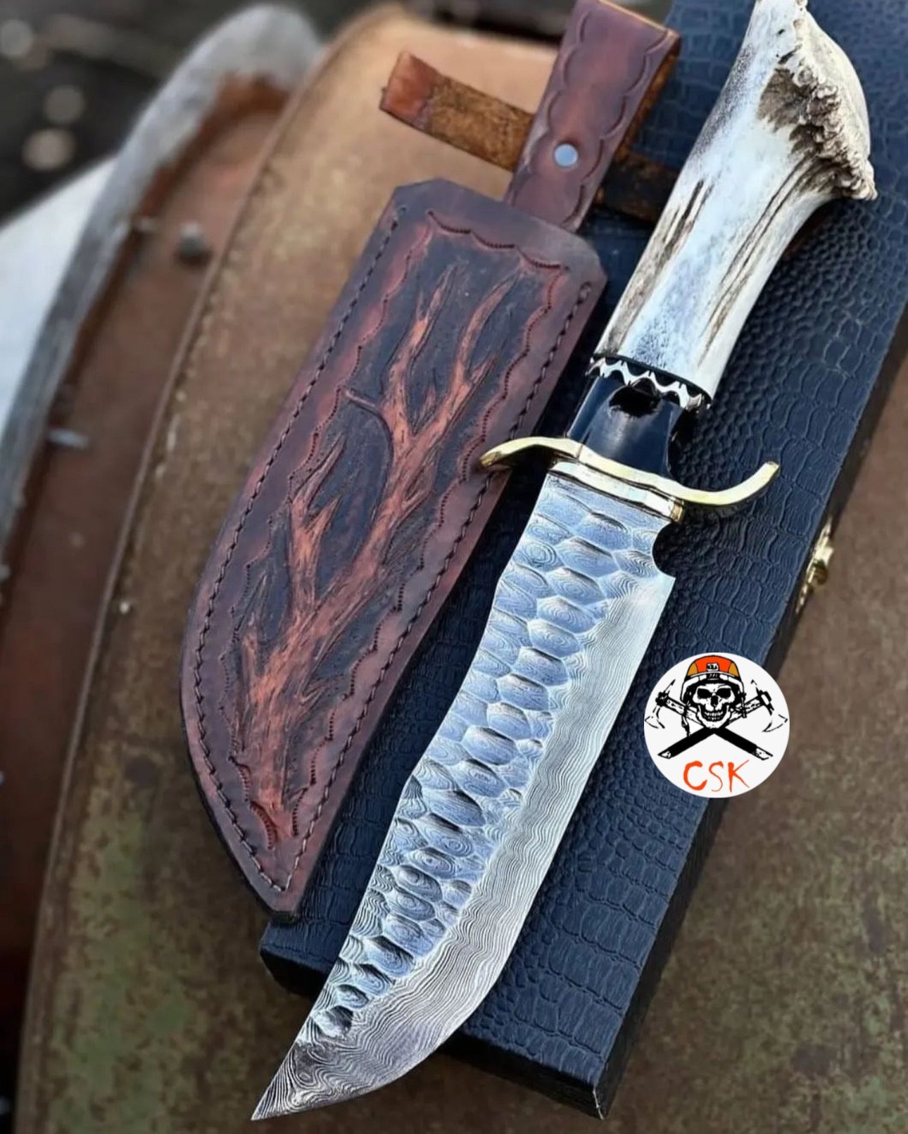 Hand-Forged Damascus Steel Knife with Stag Handle | Custom Leather Sheath | Best Hunting Knife