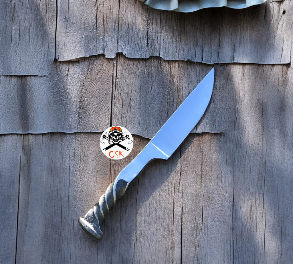 Forged Railroad Spike Knife – Unique Artisan Blade with Twisted Handle Design