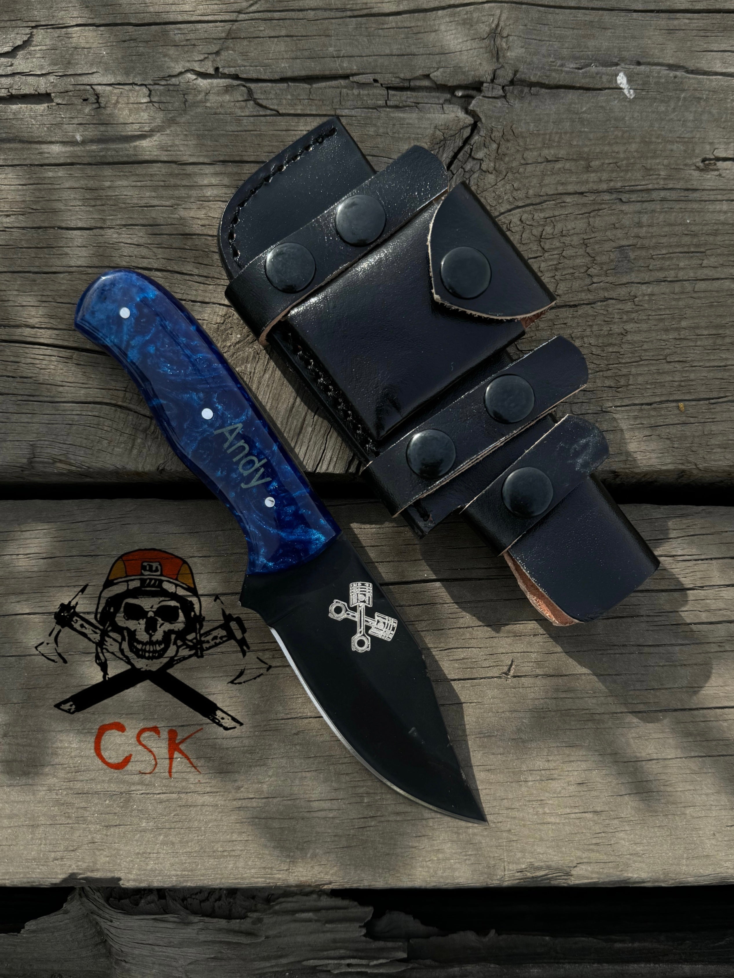 Crossed Pistons Saloon Knife - Full Tang J2 Steel Black Coated Hunting knife