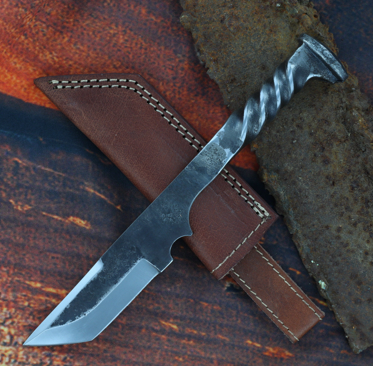 Steel Maiden Hand Forged Twisted Handle Railroad Spike Knife | Full Tang Tanto Perfect Groomsmen Gift Camping Hiking Hunting Blade