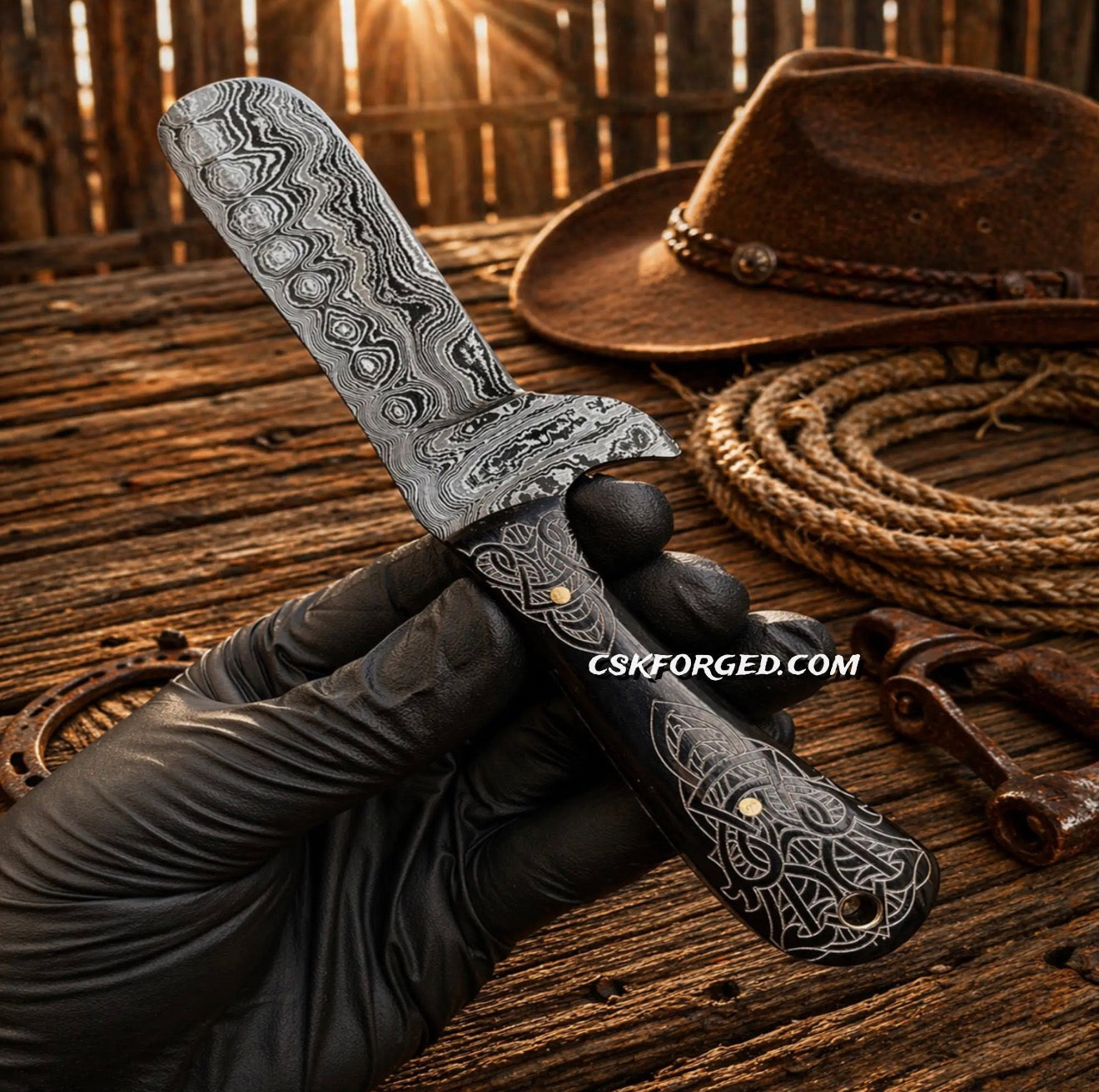 Cowboy Knife Damascus Bullcutter Buffalo Horn Hunting Knife Pancake Sheath