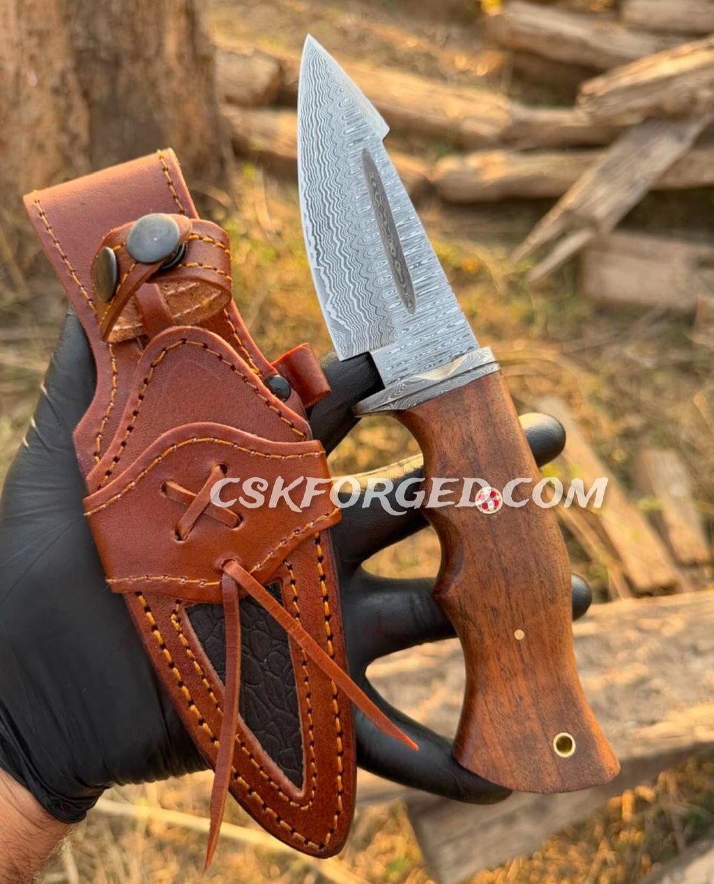 Bobcat Damascus Steel Hunting Knife Rose Wood Handle