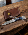 CelestialSnap Damascus - 7.5" Back Lock Pocket Knife with Leather Sheath