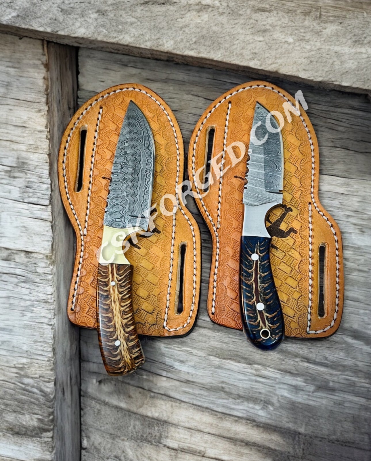 Ranch Cowboy Knives Set Damascus Steel and Pine Cone Handle