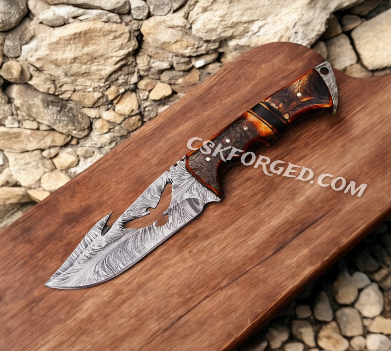 Eagle's Talon 11.5" Full Tang Hand Forged Fixed Blade Hook Damascus Steel Hunting Knife with Leather Sheath