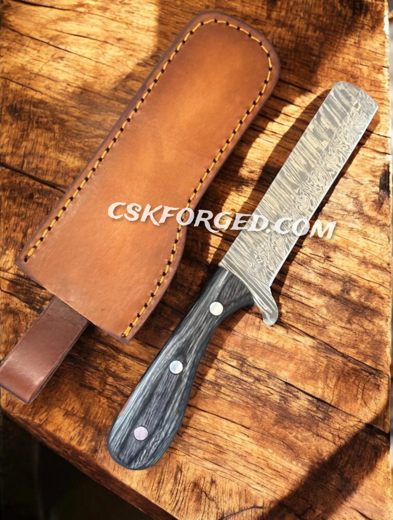 Damascus Bull Cutter Knife with Black Wood Handle