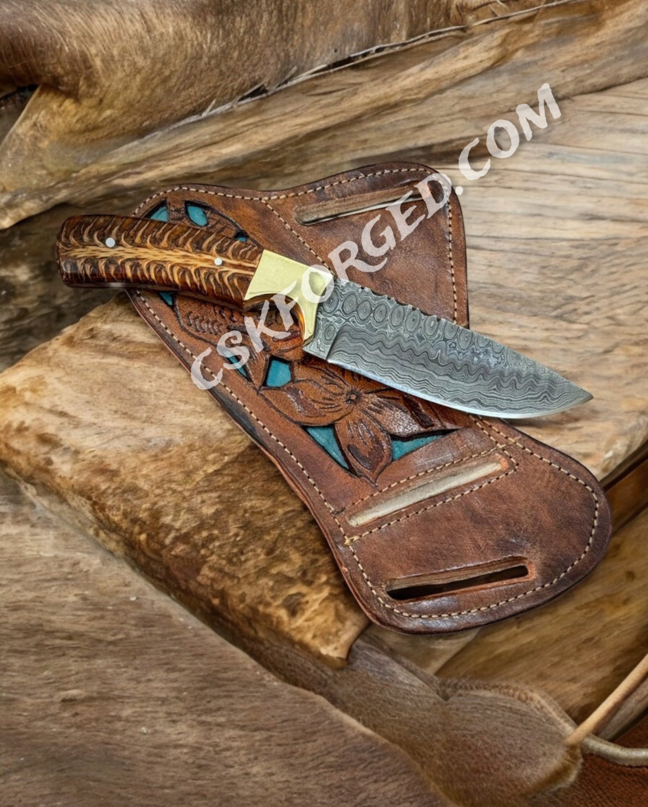 Ranch Cowboy Knives Damascus Steel and Pine Cone Handle
