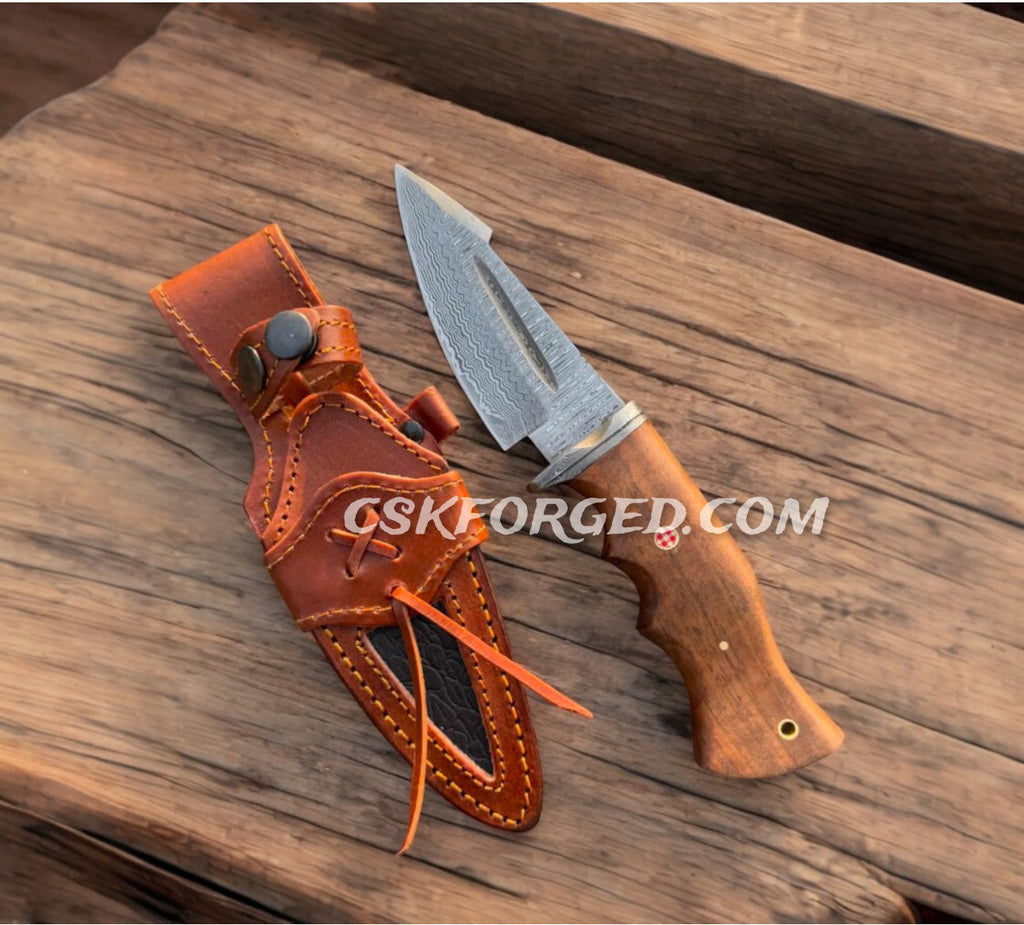 Bobcat Damascus Steel Hunting Knife Rose Wood Handle