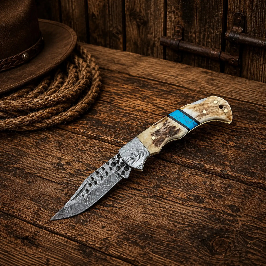 Cowboy Damascus Steel Folding Pocket Knife – Antler & Turquoise Handle