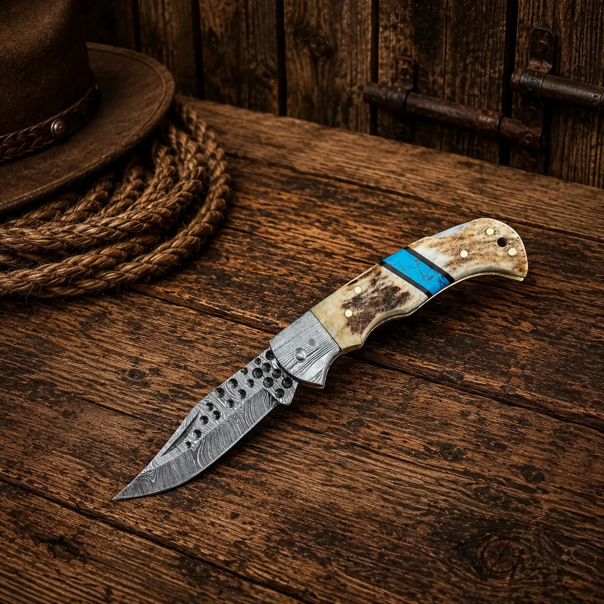 Cowboy Damascus Steel Folding Pocket Knife – Antler & Turquoise Handle
