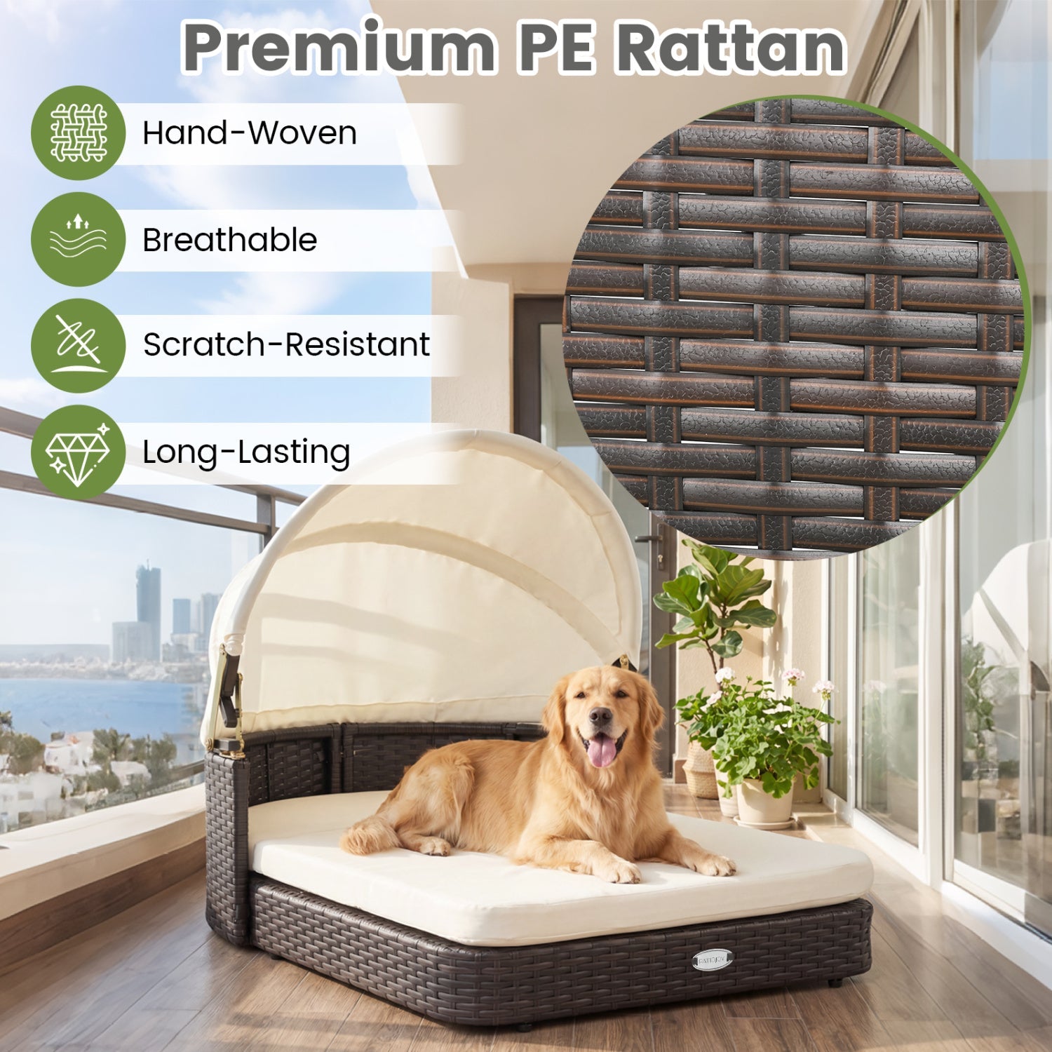 Rattan Pet Daybed with Adjustable Canopy for Small & Medium Dogs