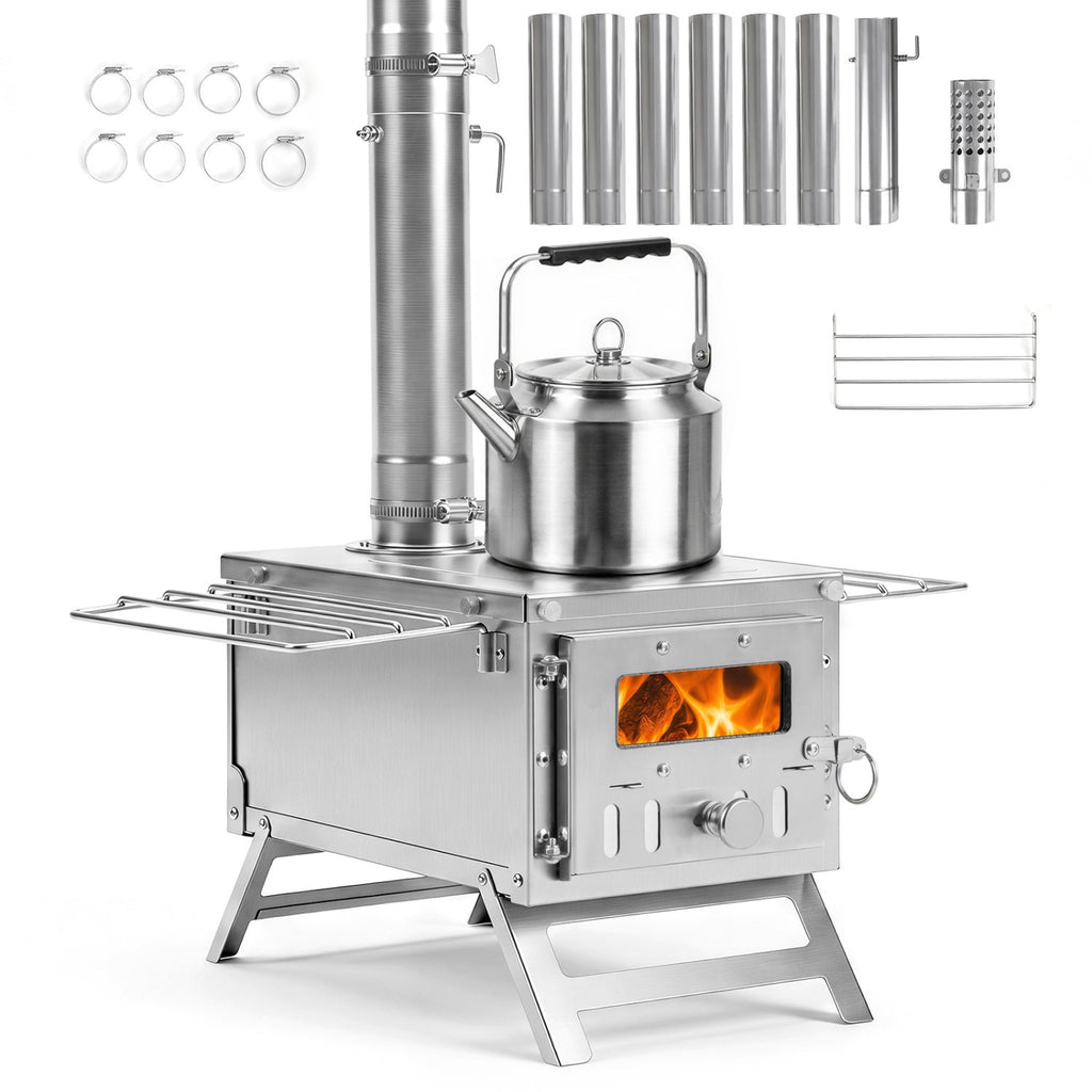 Portable Wood Burning Tent Stove with 7 Chimney Pipes