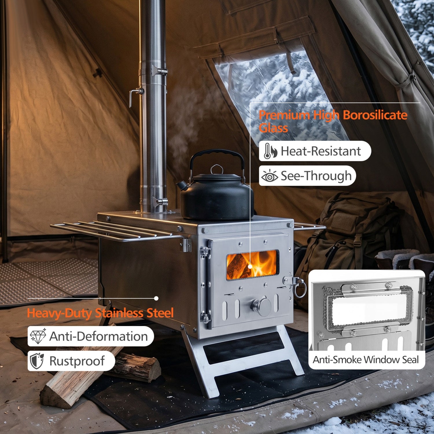 Portable Wood Burning Tent Stove with 7 Chimney Pipes