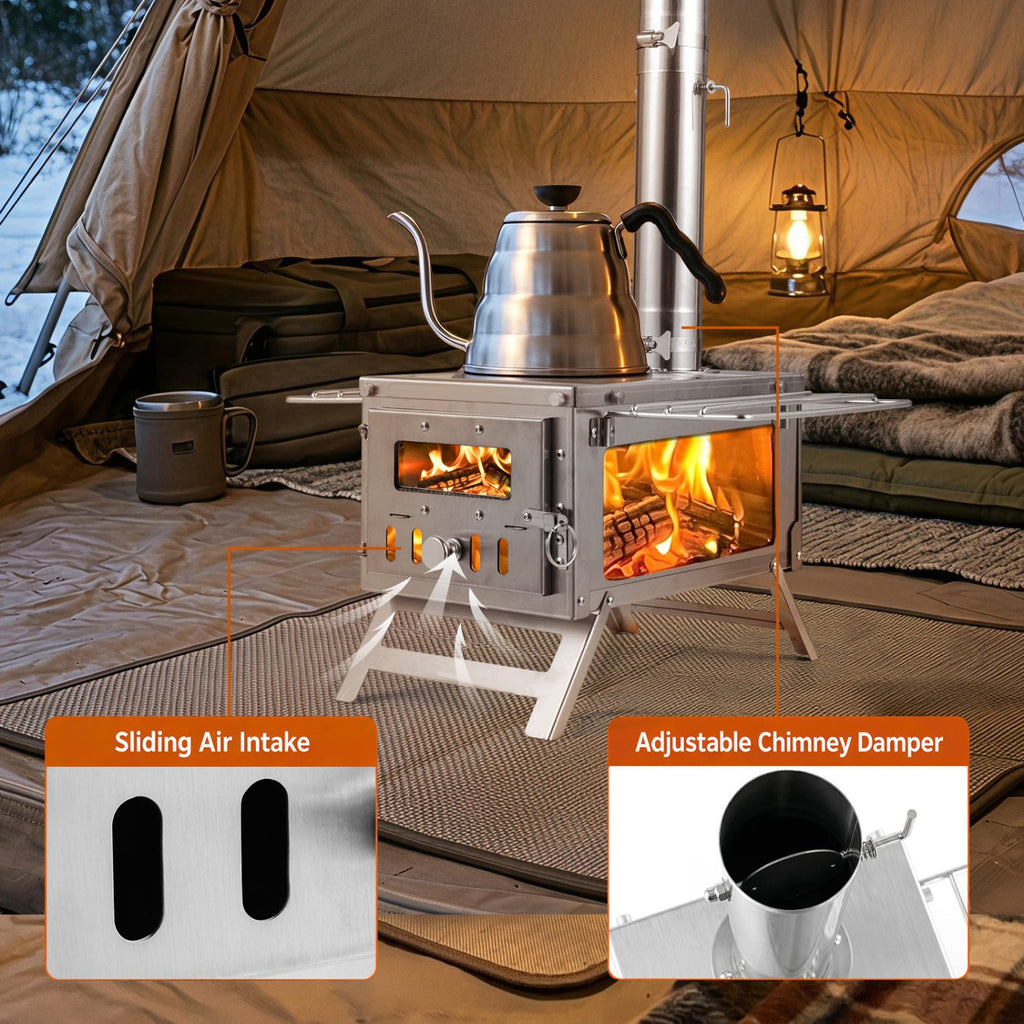 Portable Wood Burning Tent Stove with 7 Chimney Pipes