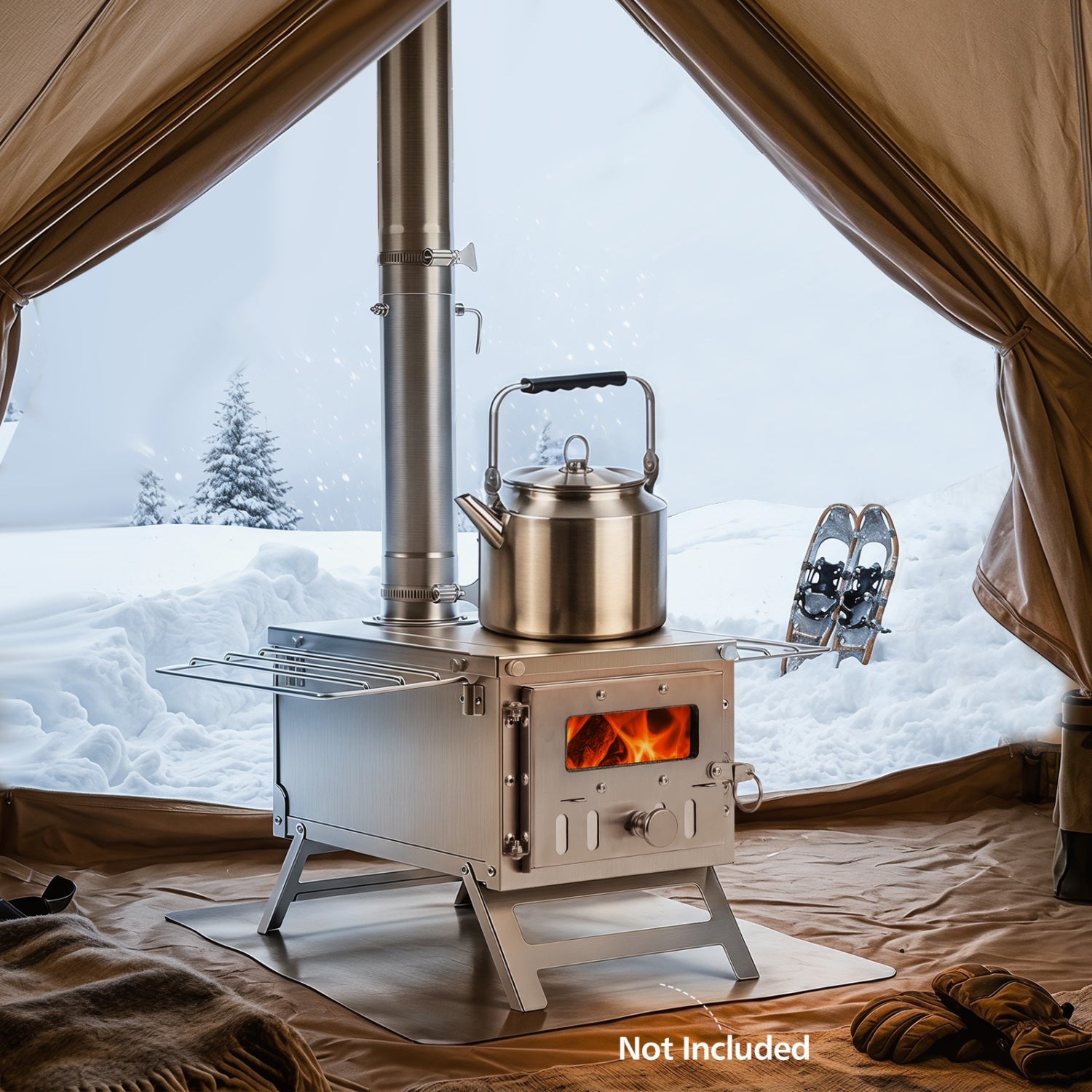 Portable Wood Burning Tent Stove with 7 Chimney Pipes