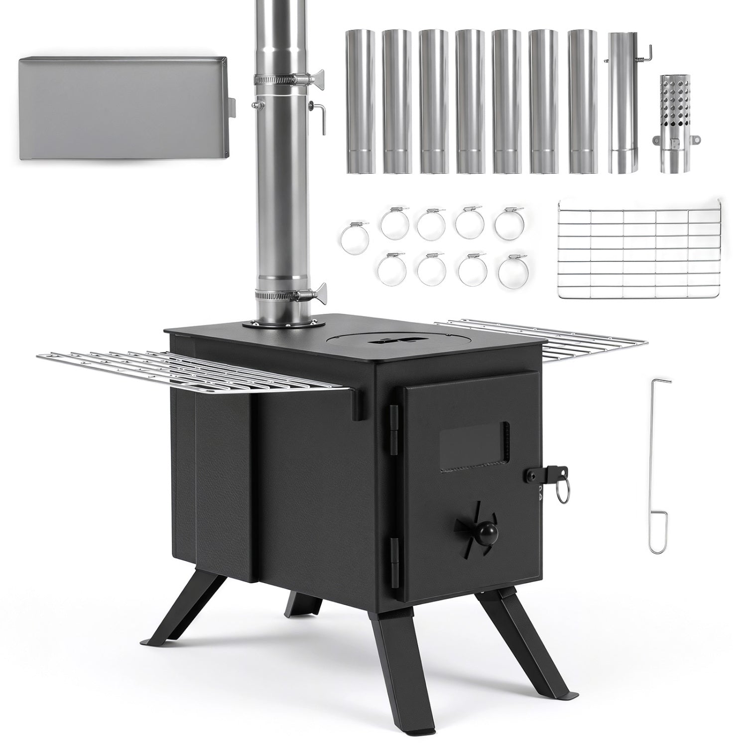 Hot Tent Wood Burning Stove with 8 Chimney Pipes & Ash Tray