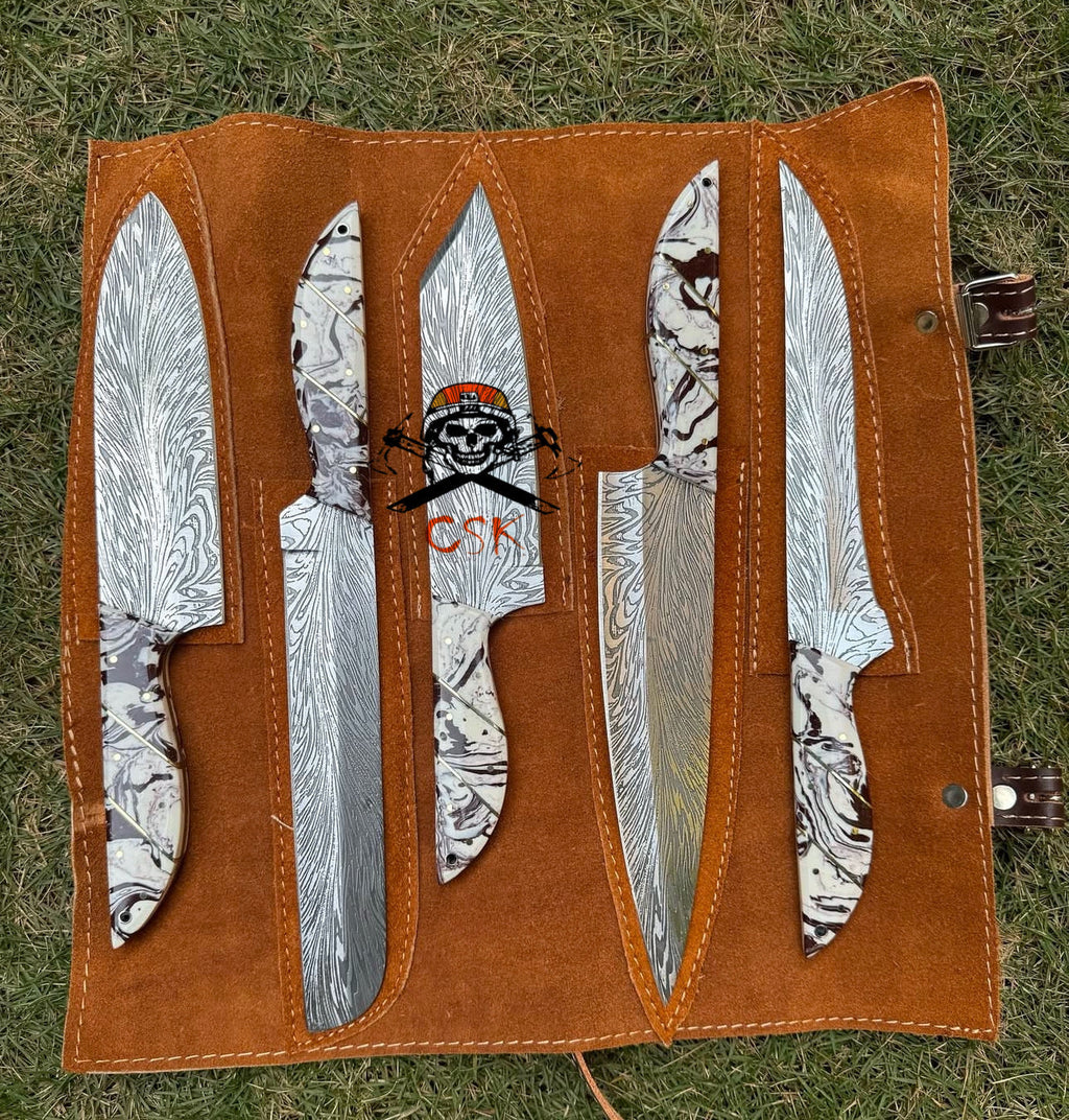 Custom hand forged Damascus feather steel pieces chef knives set
