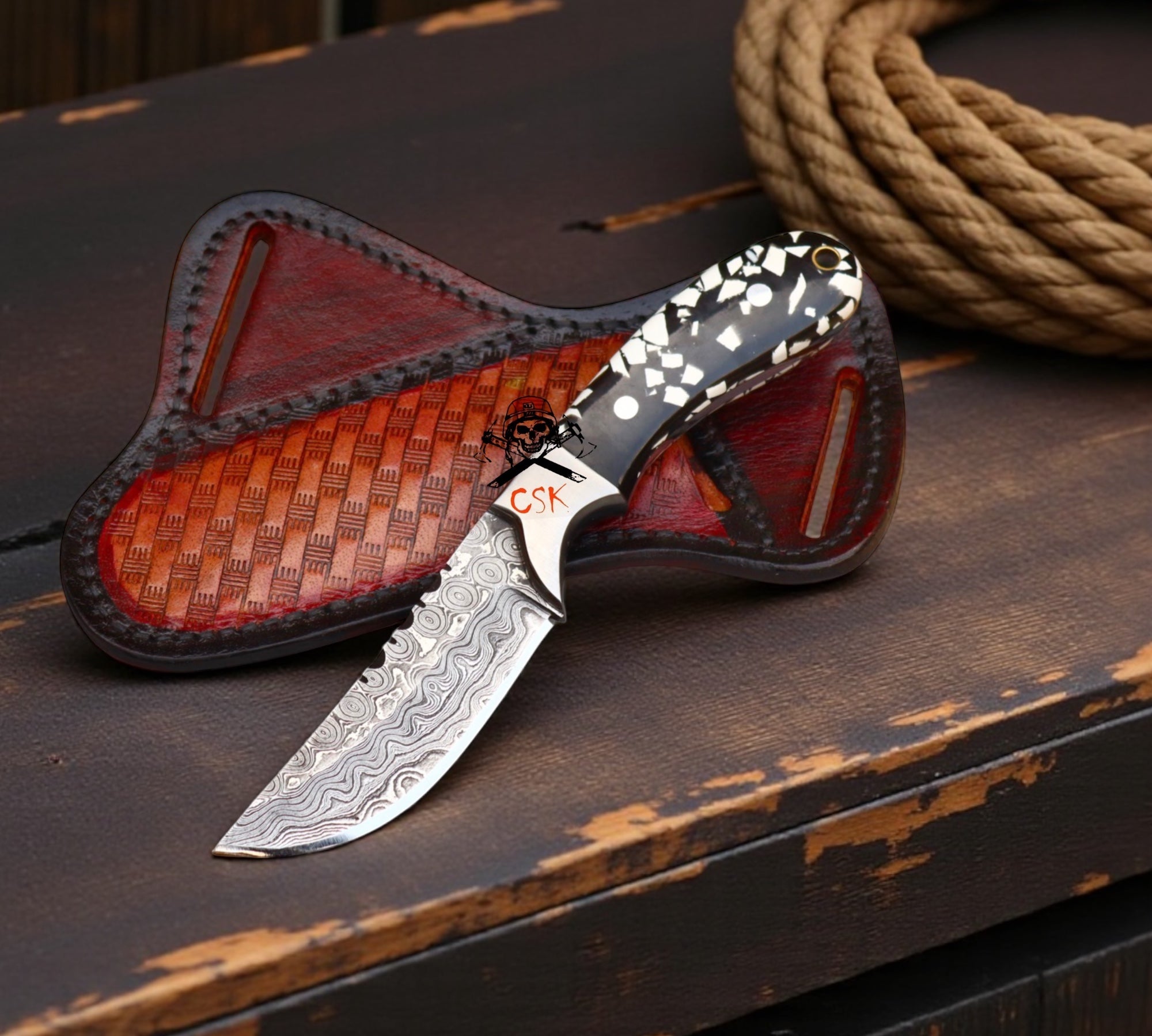Rancher’s Damascus Belt Knife – 4.25” Cowboy Skinner with Epoxy Resin Handle