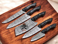 Handmade Premium 5Pcs Damascus Knife Set with Black Pakka Wood Handles