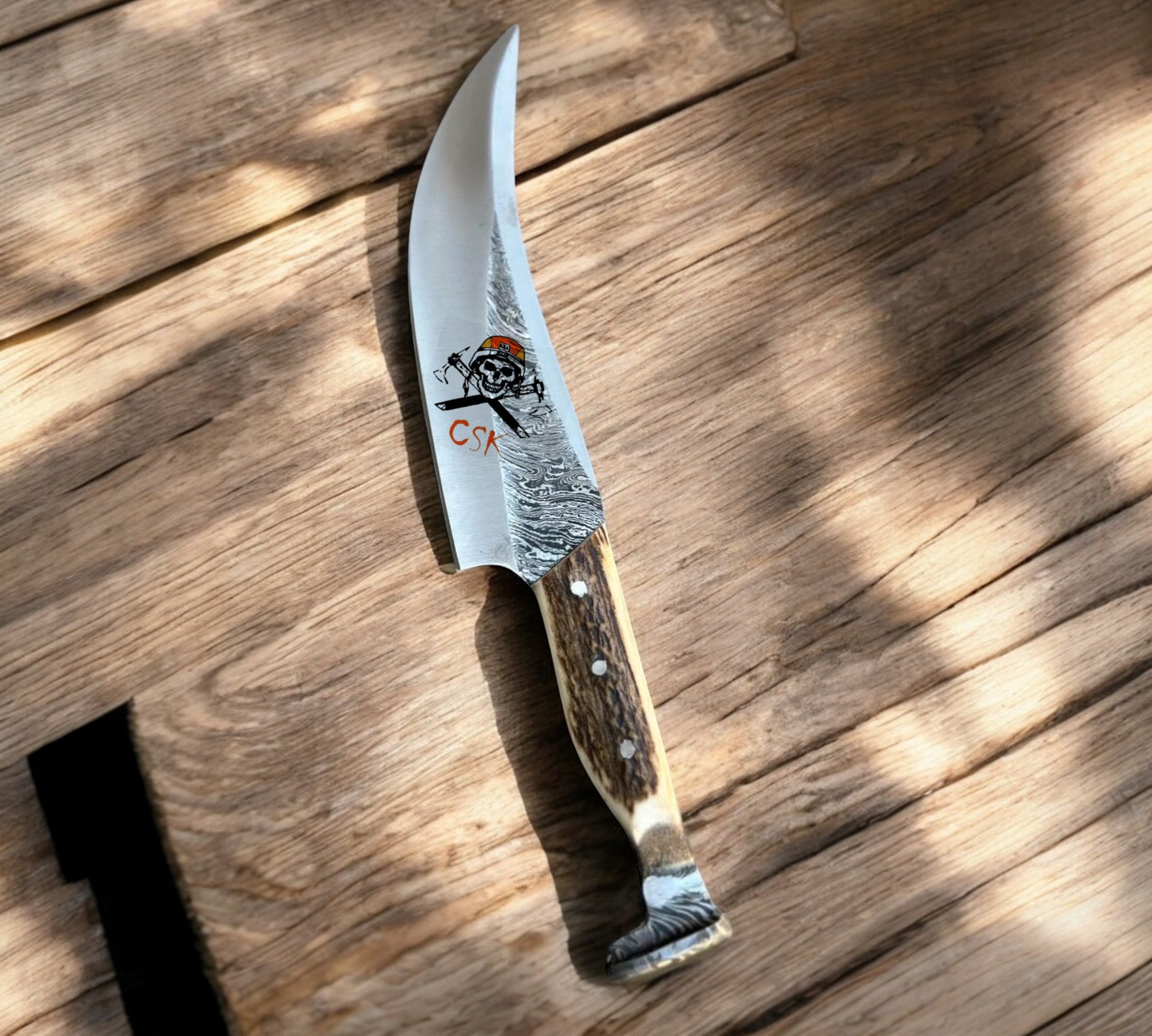Hand-Forged Damascus Railroad Spike Knife – Antler Handle
