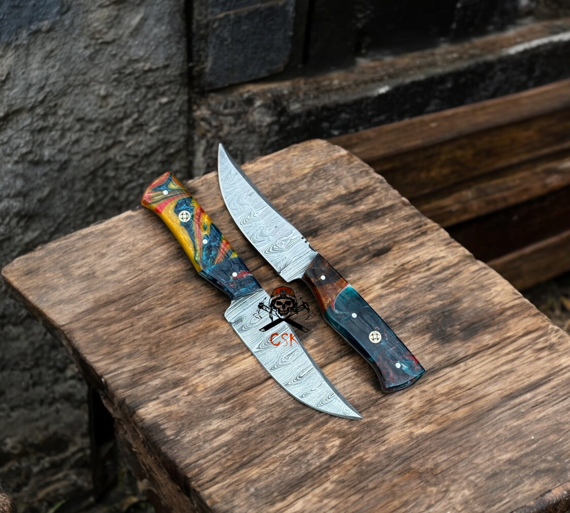 Hand-Forged Damascus Hunting Knife Set 8” Full Tang Blades Exotic Resin Handle