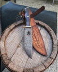 Hand-Forged Damascus Hunting Knife – Full Tang Survival Blade with Exotic Wood Handle & Leather Sheath