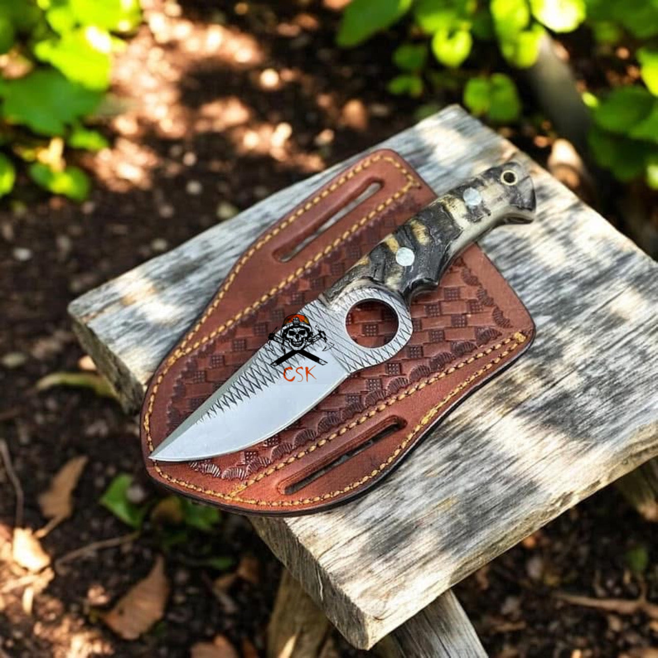 Rasp Steel Knife |Finger Hole Blade with Leather Sheath