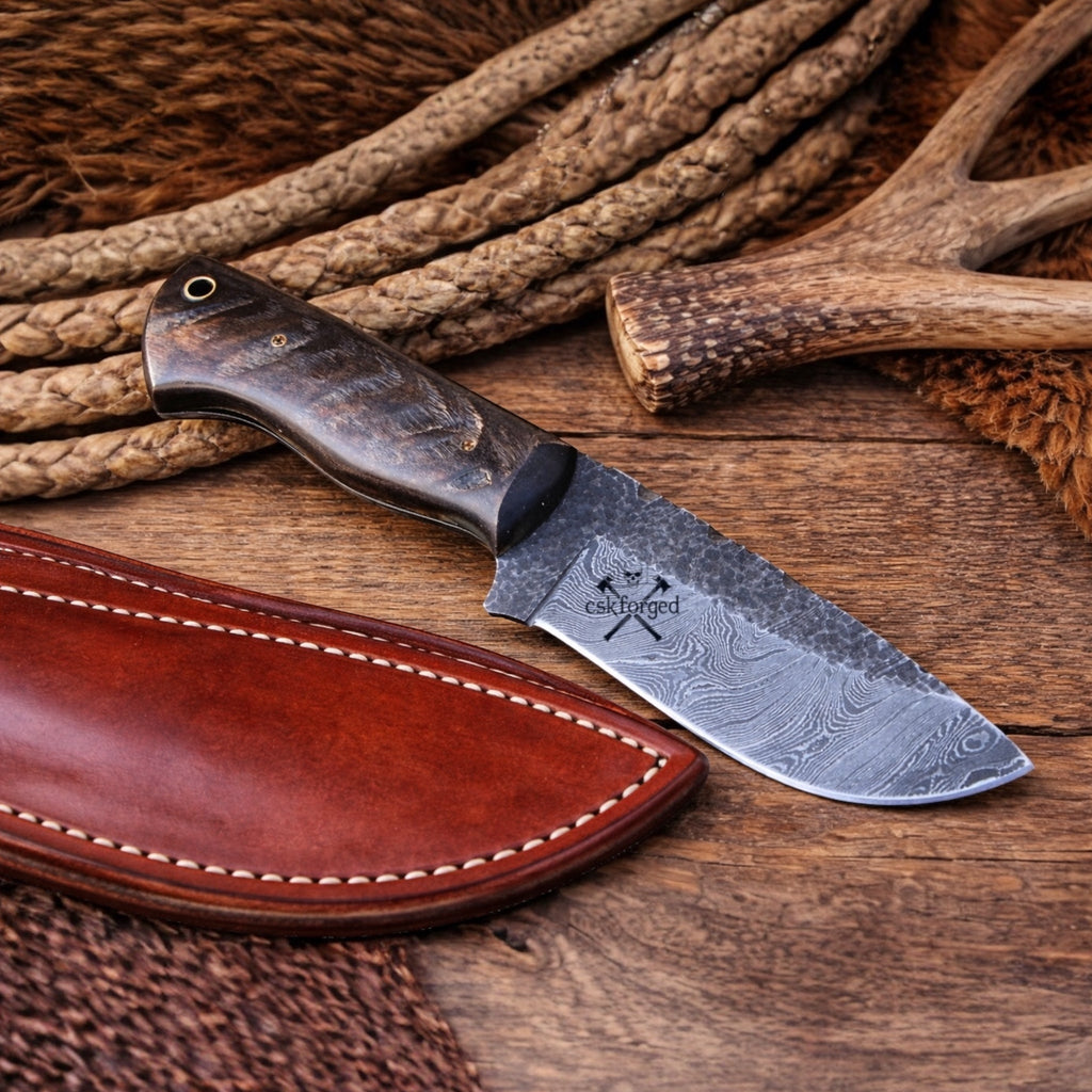 Handmade Damascus Buckaroo Ranch Knife with Buffalo Horn Handle & Leather Belt Sheath