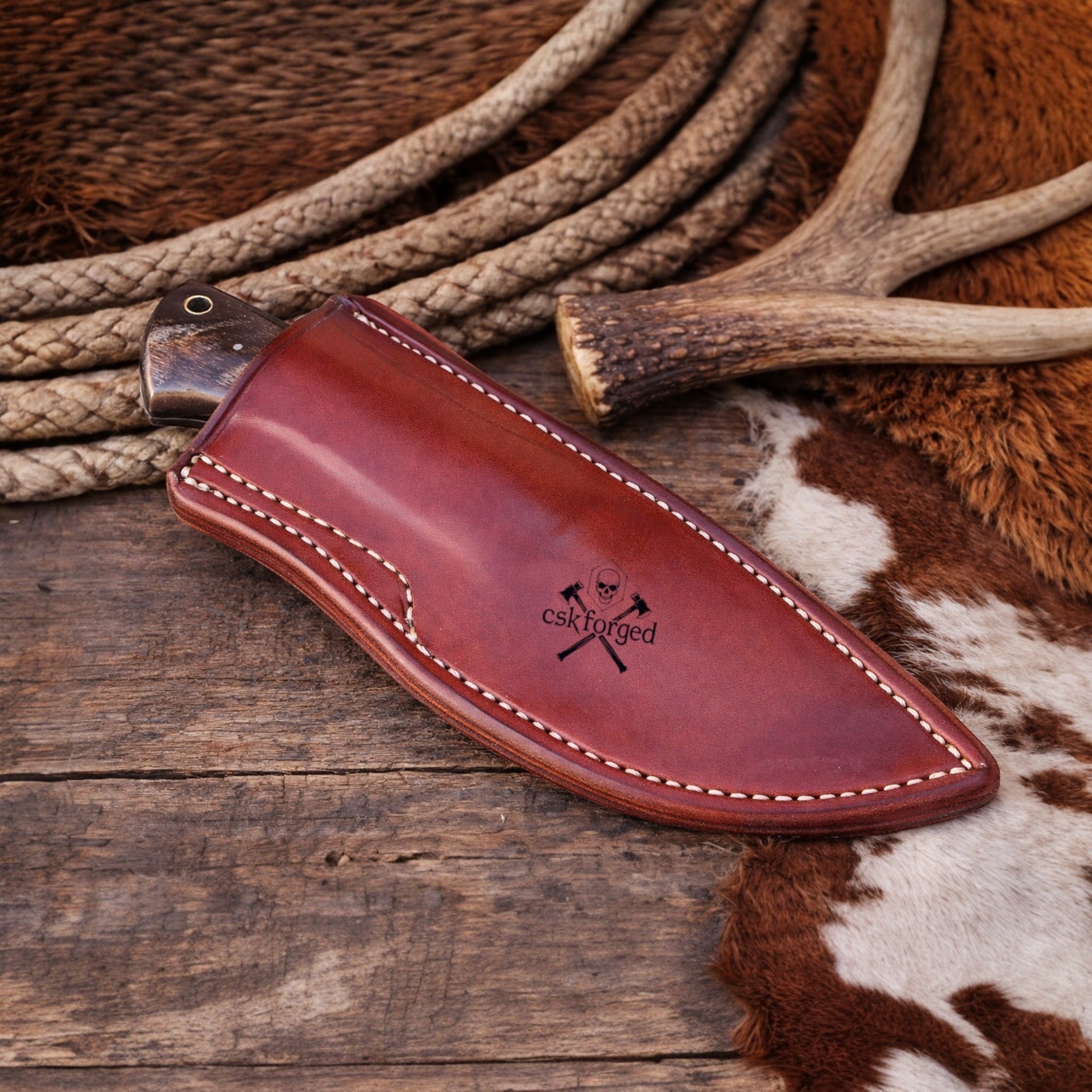 Handmade Damascus Buckaroo Ranch Knife with Buffalo Horn Handle & Leather Belt Sheath